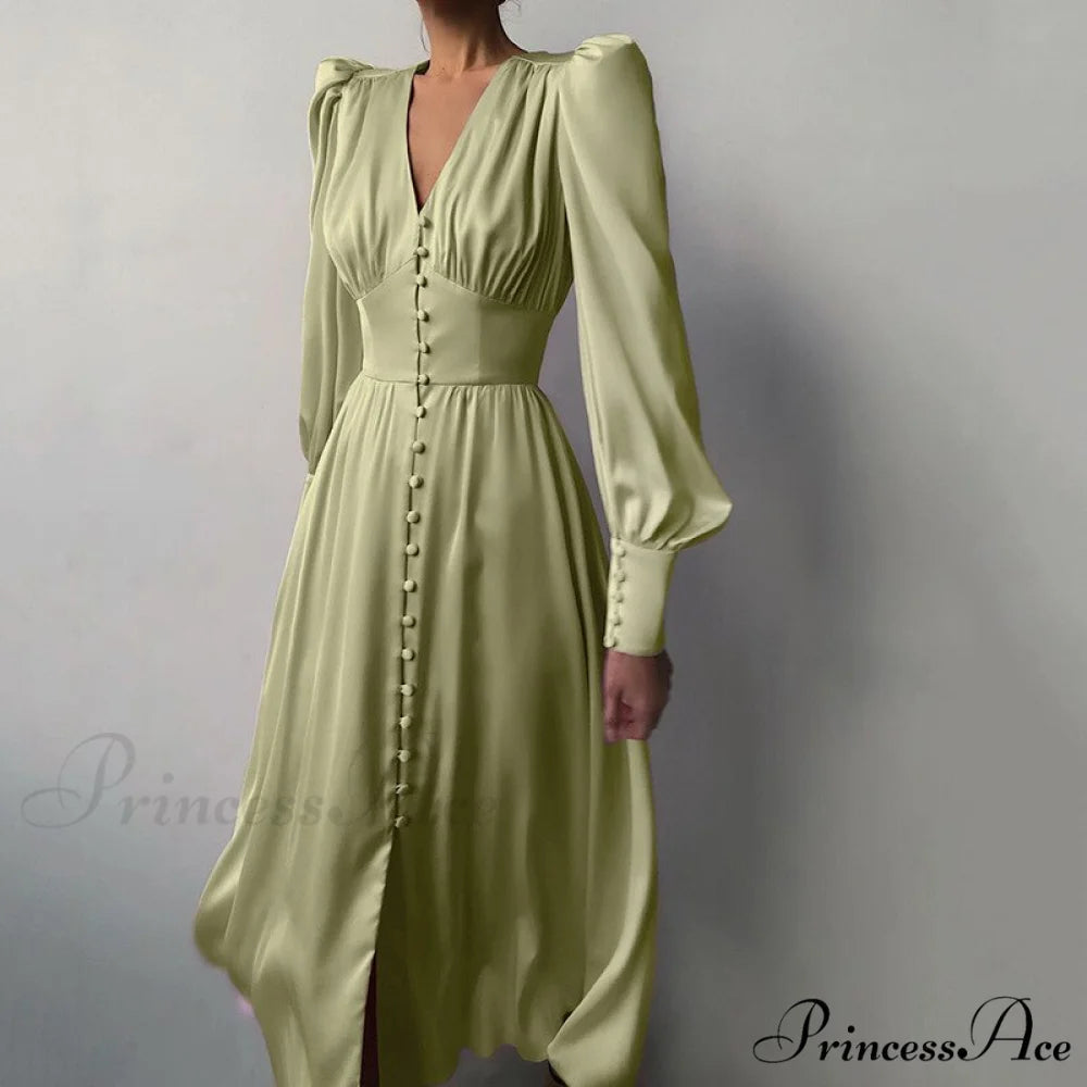 Guest Wedding Satin Full-Length Silk Gown Mid-Calf Empire Evening Vintage Party Buttons Dress green / XS