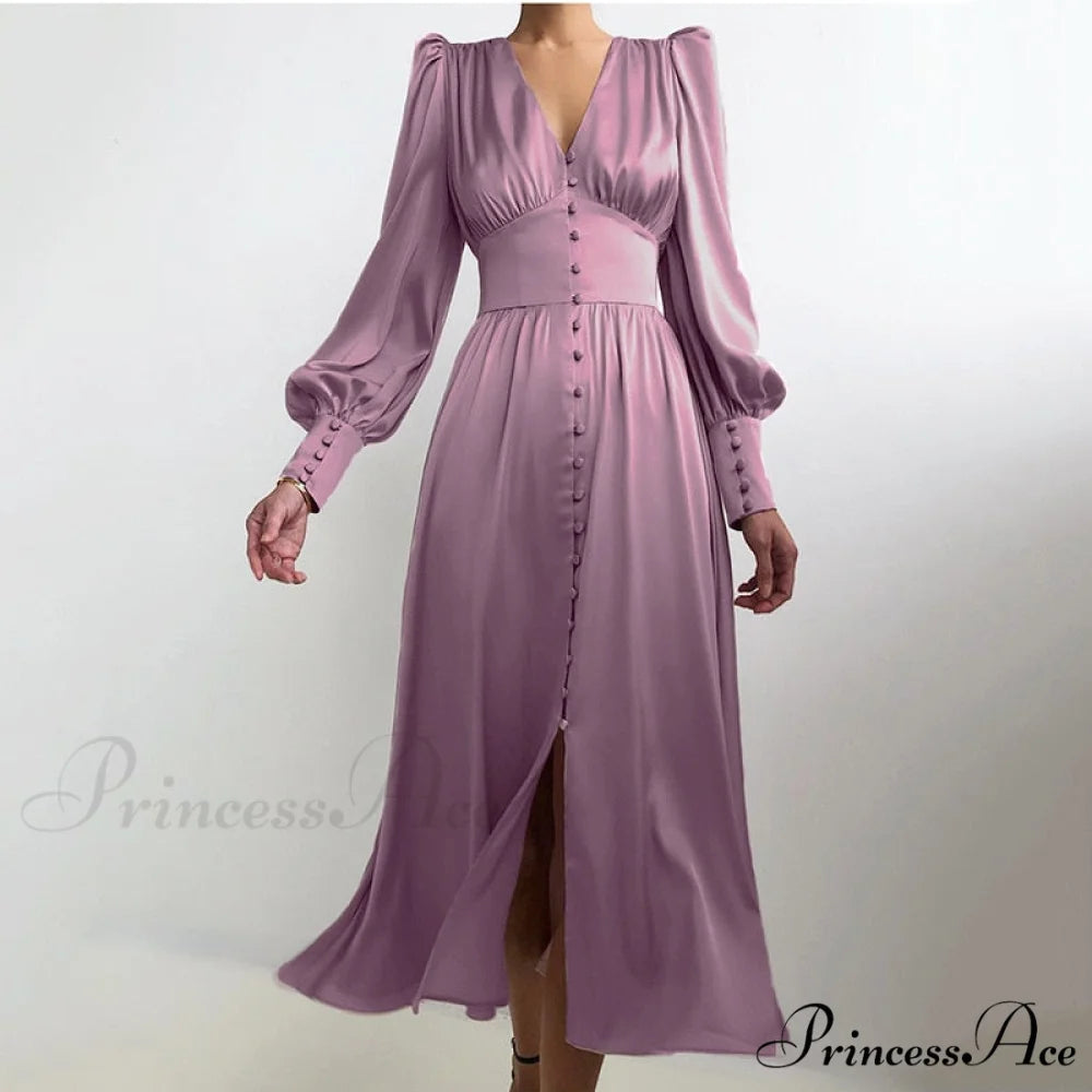 Guest Wedding Satin Full-Length Silk Gown Mid-Calf Empire Evening Vintage Party Buttons Dress Purple / XS