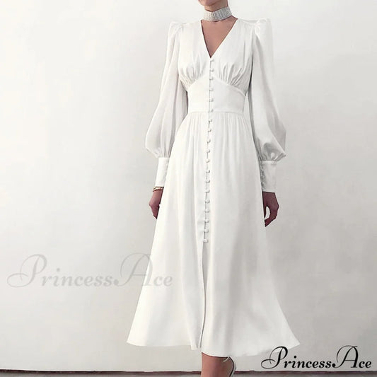 Guest Wedding Satin Full-Length Silk Gown Mid-Calf Empire Evening Vintage Party Buttons Dress white / XS