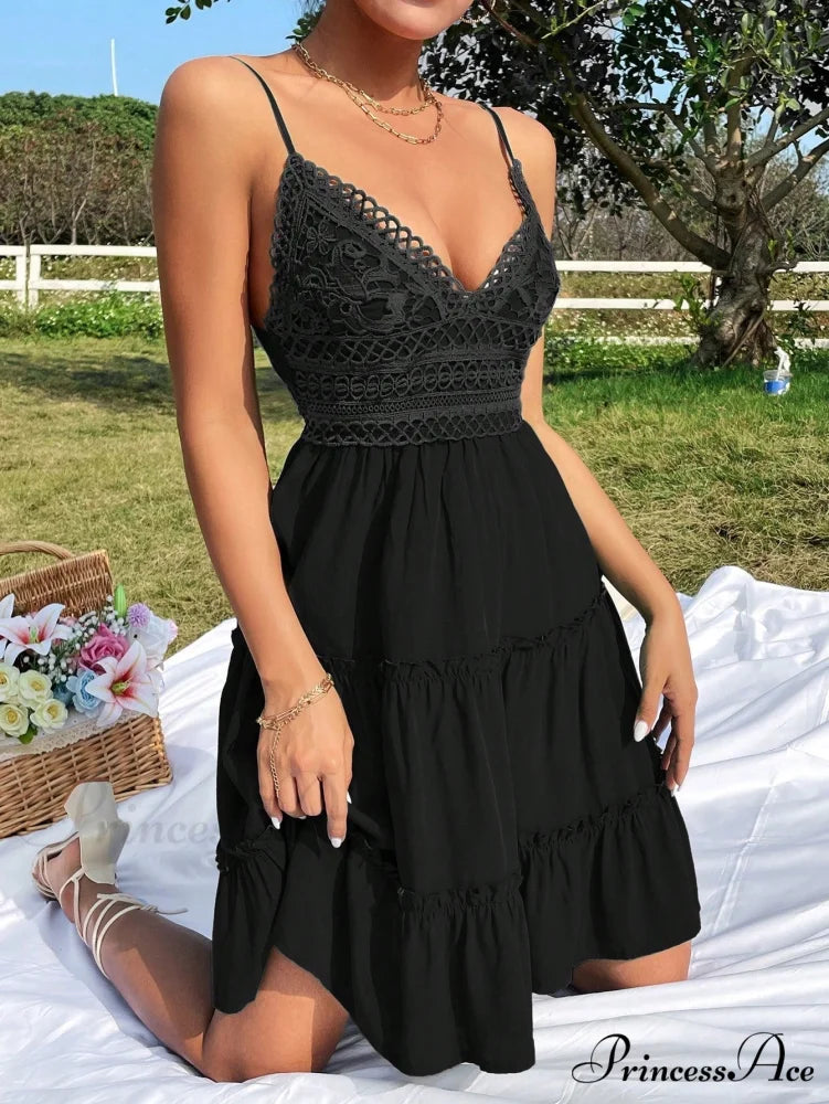 Guipure Lace Insert Layered Hem Tie Back Cami Dress Black / XS