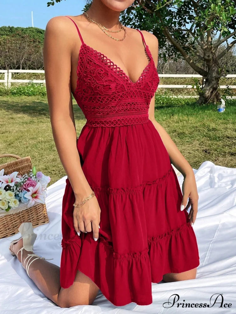 Guipure Lace Insert Layered Hem Tie Back Cami Dress Red / XS