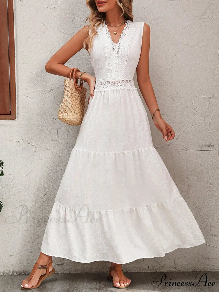 Guipure Lace Insert Ruffle Hem Dress