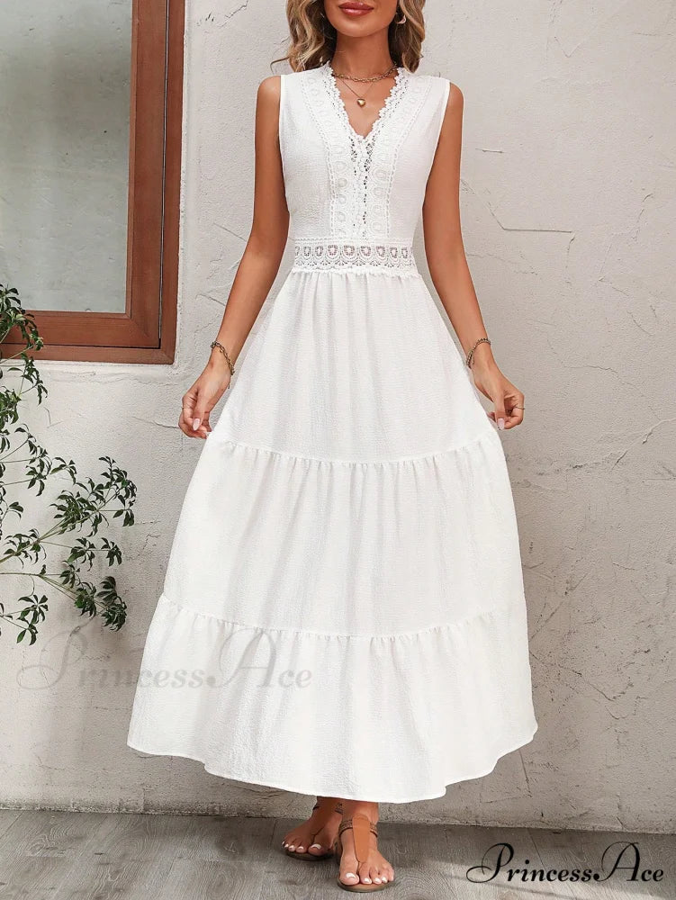 Guipure Lace Insert Ruffle Hem Dress