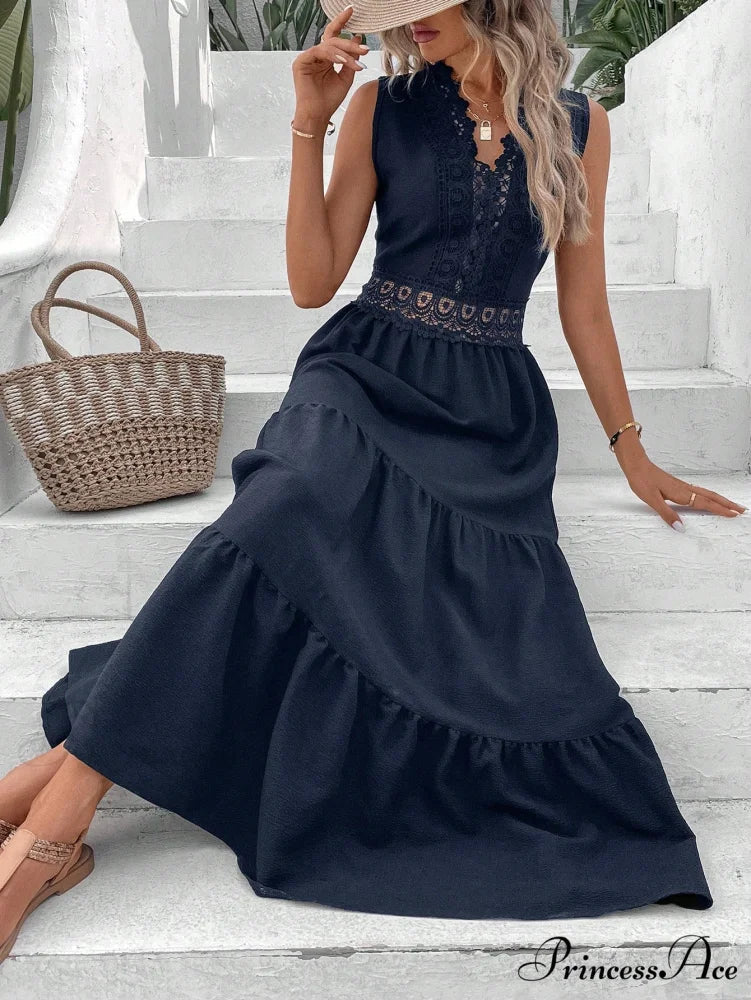 Guipure Lace Insert Ruffle Hem Dress Navy Blue / XS