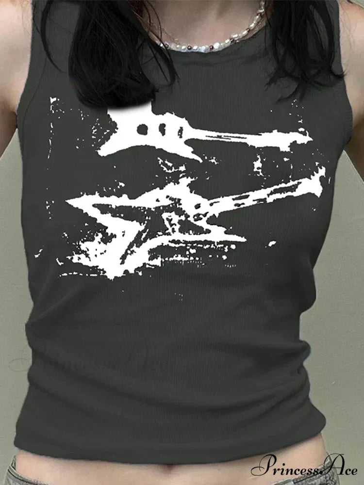 Guitar Print Sleeveless Y2K Casual Ribbed Women Crop Harajuku Fashion Vest 90s Street Outfits Tank top