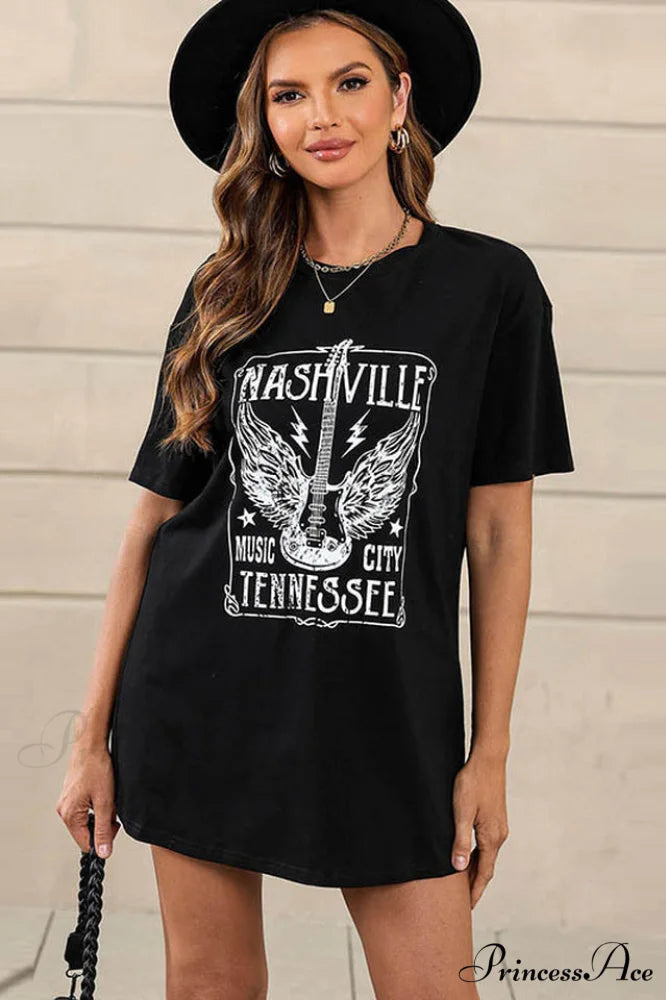 Guitar Slogan Stylish Letter Graphic Tee S / Black