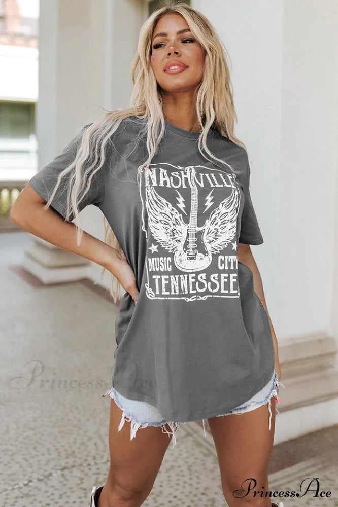 Guitar Slogan Stylish Letter Graphic Tee S / Gray
