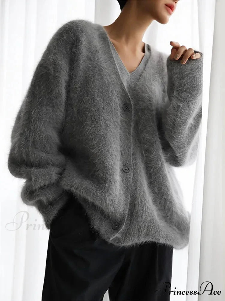 Hairy Button Extended Sleeve Cardigan Dark gray / S cardigans-241228