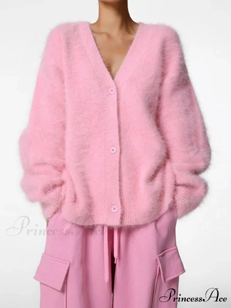 Hairy Button Extended Sleeve Cardigan Pink / S cardigans-241228