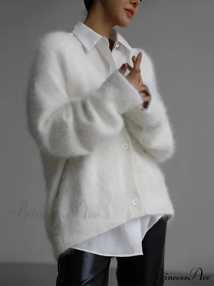 Hairy Button Extended Sleeve Cardigan White / S cardigans-241228
