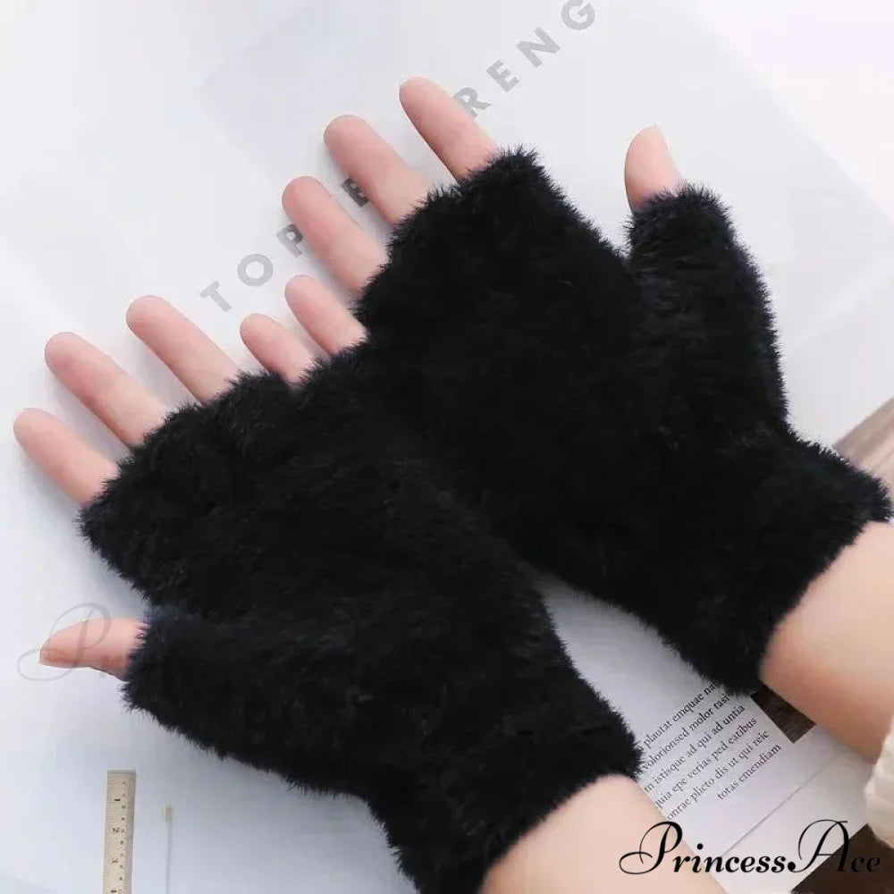 Half Finger Imitation Mink Cashmere Woolen Driving Glove for Winter Outdoor Christmas Black