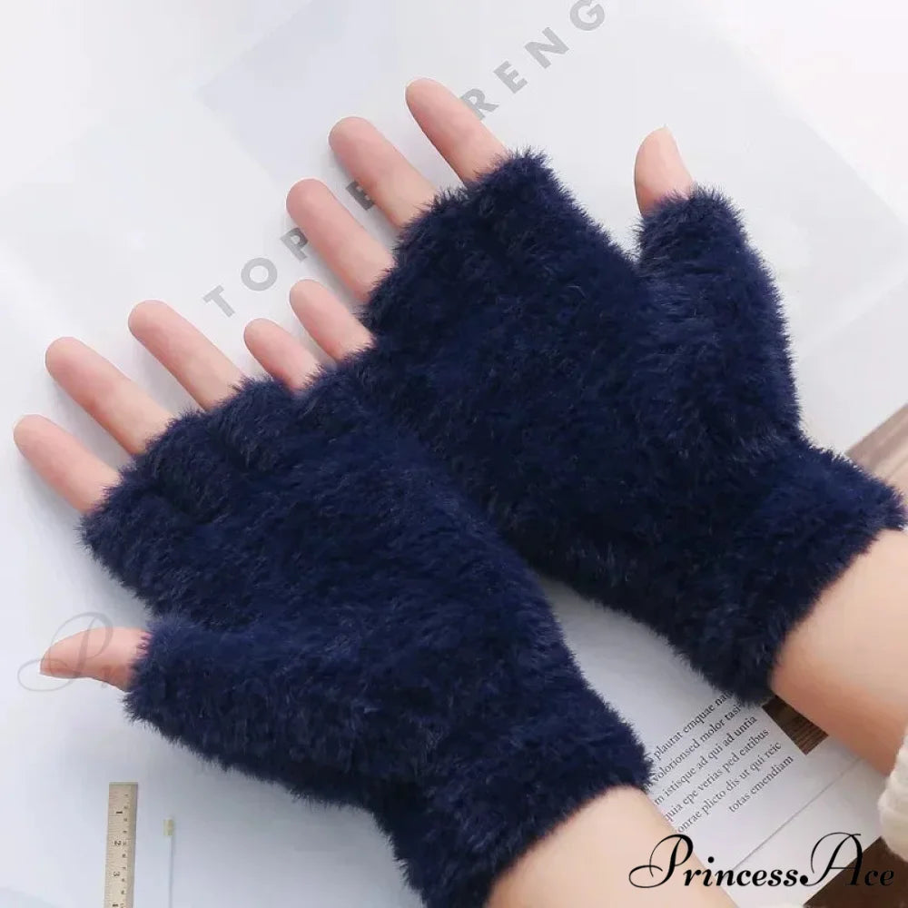 Half Finger Imitation Mink Cashmere Woolen Driving Glove for Winter Outdoor Christmas Navy blue