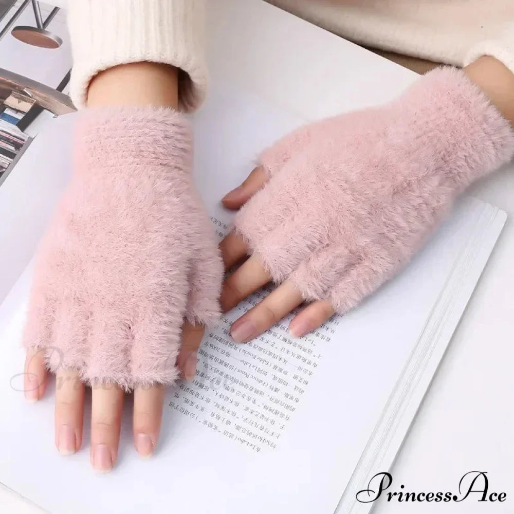 Half Finger Imitation Mink Cashmere Woolen Driving Glove for Winter Outdoor Christmas Pink