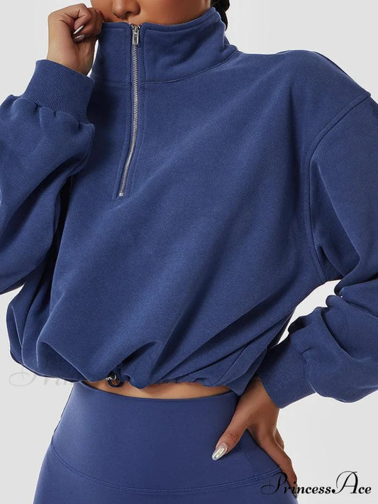 Half Zip Long Trendy Sleeve Crop Top Blue / S