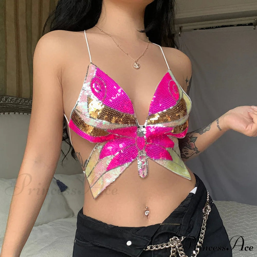 HALSEY BUTTERFLY Stylish SEQUIN TOP Pink / S