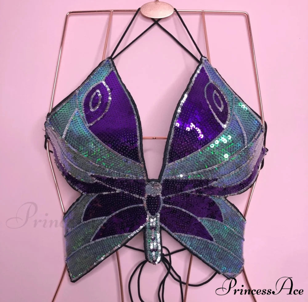 HALSEY BUTTERFLY Stylish SEQUIN TOP Purple / L
