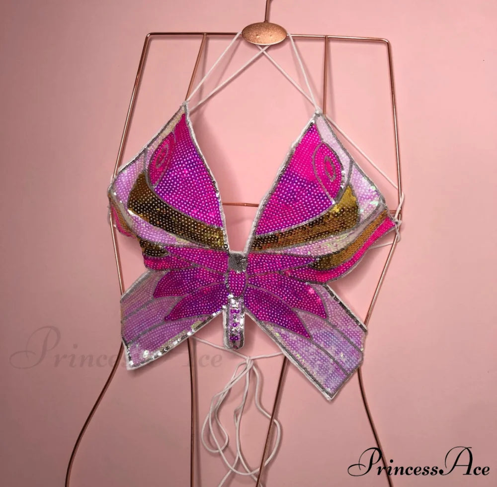 HALSEY BUTTERFLY Stylish SEQUIN TOP Purple / M