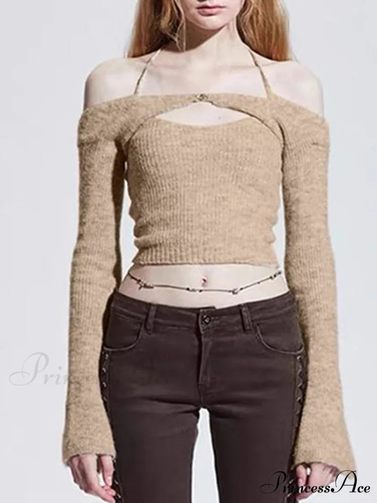 Halter 2 Crop Top T-Shirts Backless Arm Long Y2K Women’s Shoulder Piece Tanks Christmas Tees Off Tops Clothes apricot