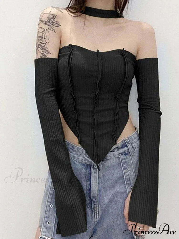 Halter 2 Crop Top T-Shirts Backless Arm Long Y2K Women’s Shoulder Piece Tanks Christmas Tees Off Tops Clothes black-04