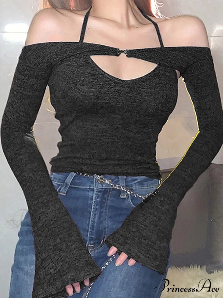 Halter 2 Crop Top T-Shirts Backless Arm Long Y2K Women’s Shoulder Piece Tanks Christmas Tees Off Tops Clothes black / S