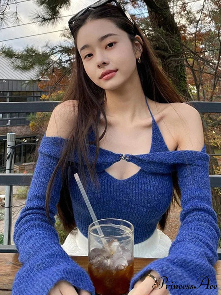 Halter 2 Crop Top T-Shirts Backless Arm Long Y2K Women’s Shoulder Piece Tanks Christmas Tees Off Tops Clothes blue-02
