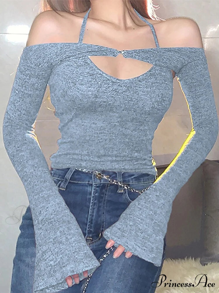 Halter 2 Crop Top T-Shirts Backless Arm Long Y2K Women’s Shoulder Piece Tanks Christmas Tees Off Tops Clothes blue / S