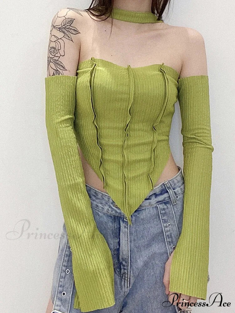 Halter 2 Crop Top T-Shirts Backless Arm Long Y2K Women’s Shoulder Piece Tanks Christmas Tees Off Tops Clothes green / S