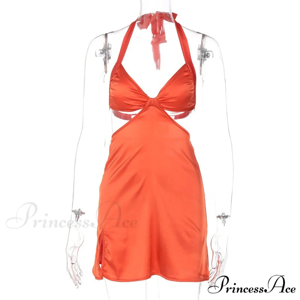 Halter Backless Bandage Women Slim Bodycon Hollow Out Warm-Season Mini Strapless Party Sexy Gown Dress Orange / S