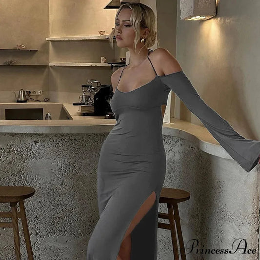 Halter Backless es Elegant Sleeve Club Party Split es Clothes Maxi Dress dark grey / S