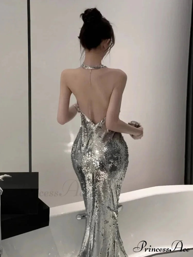 Halter Backless Pile Collar Mermaid Party Dress