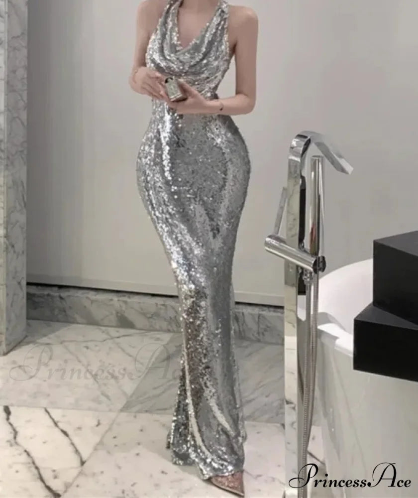 Halter Backless Pile Collar Mermaid Party Dress