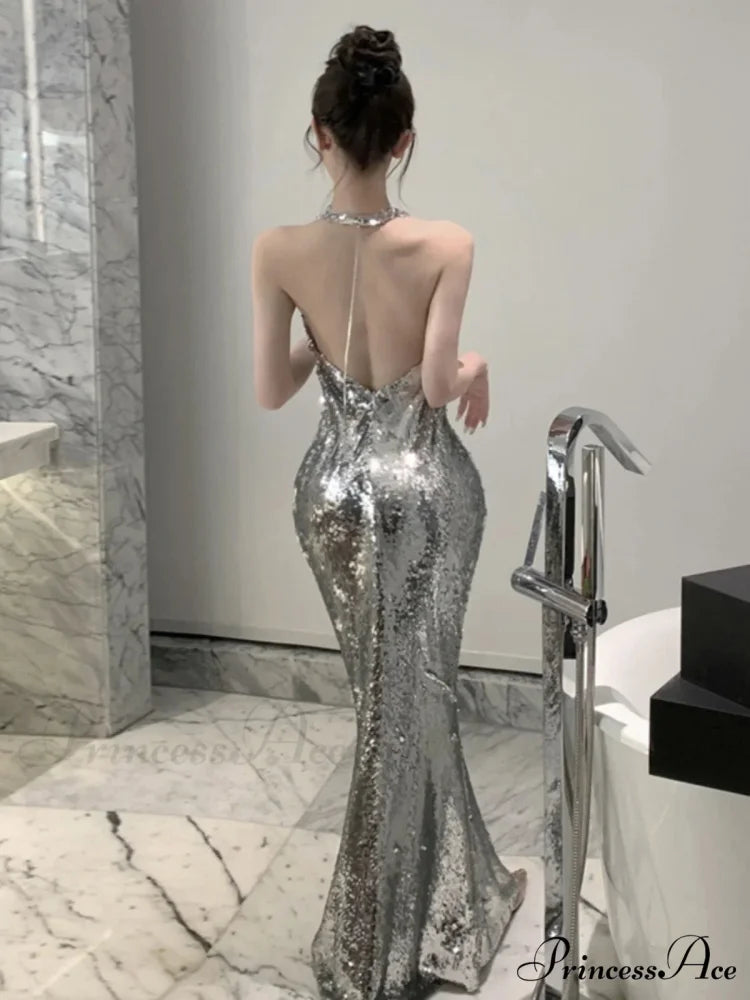 Halter Backless Pile Collar Mermaid Party Dress Silver / 4