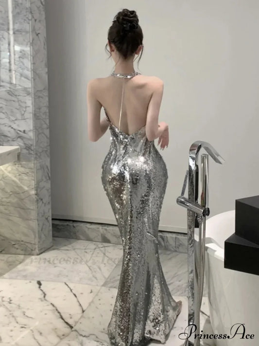 Halter Backless Pile Collar Mermaid Party Dress Silver / 4