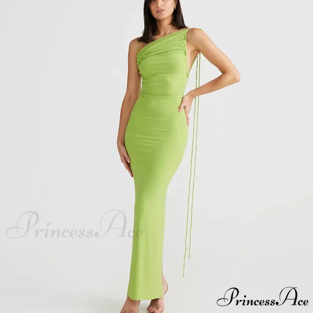 Halter Backless Ruched Elegant Sleeveless Split Summer-ready Midi Dress Green / S