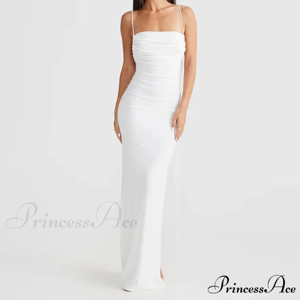 Halter Backless Ruched Elegant Sleeveless Split Summer-ready Midi Dress White / S