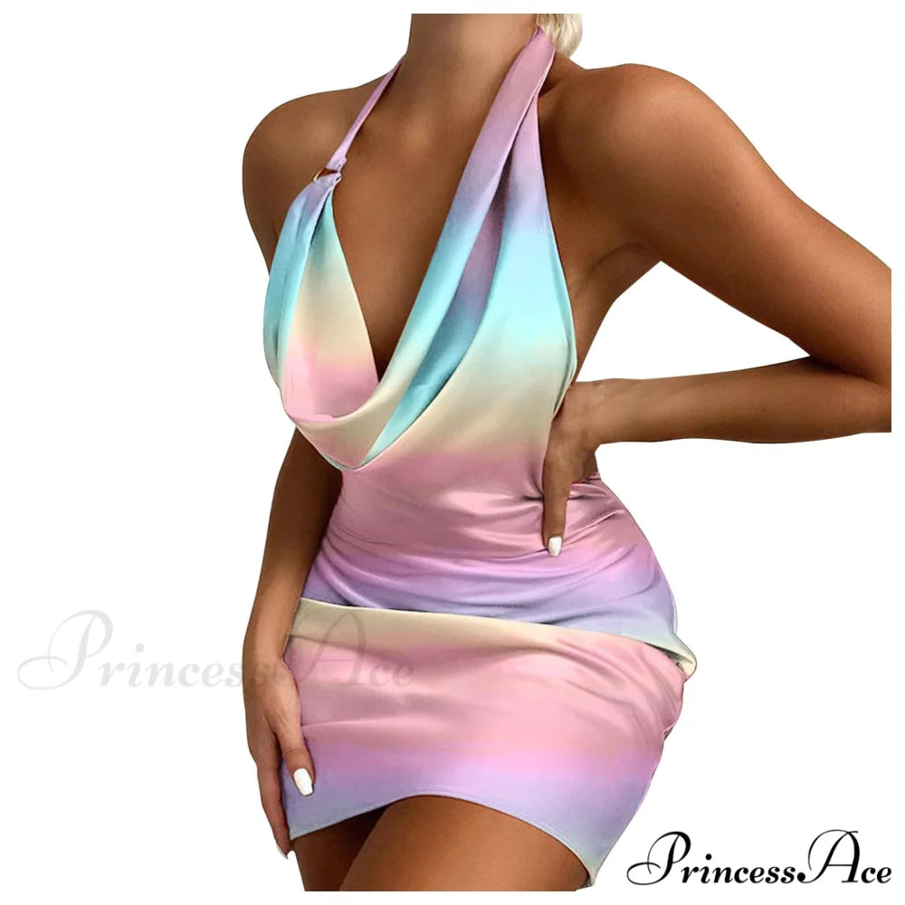 Halter Backless Sleeveless Tight Mini Bodycon Dress MULTI / S