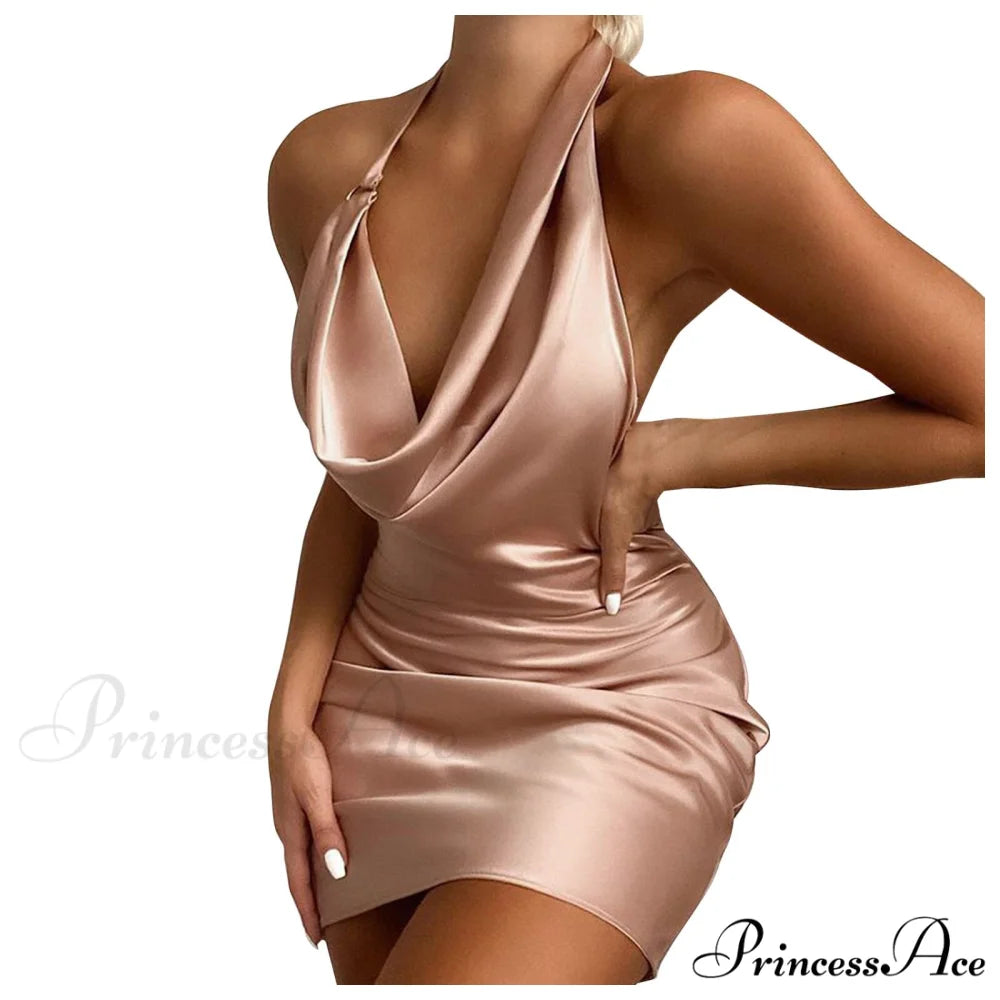 Halter Backless Sleeveless Tight Mini Bodycon Dress Pink / S