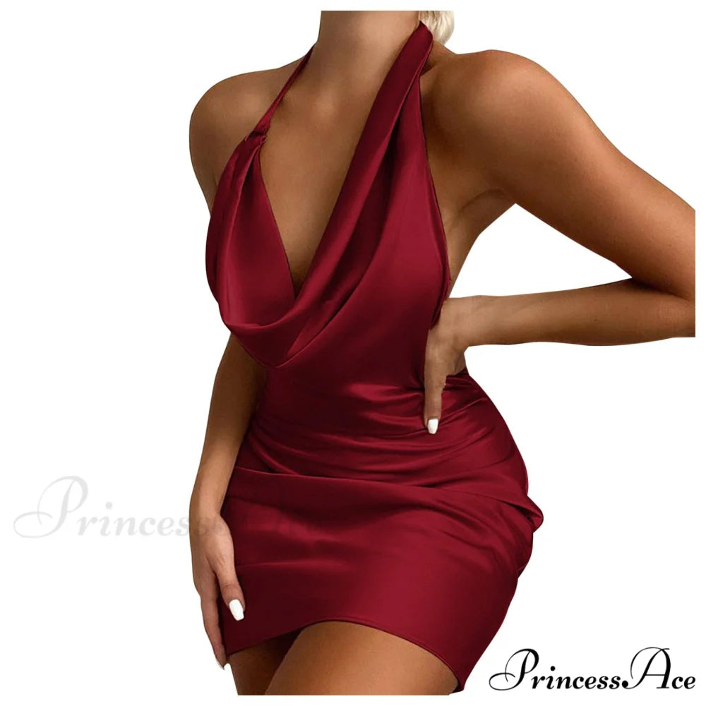 Halter Backless Sleeveless Tight Mini Bodycon Dress Wine / S
