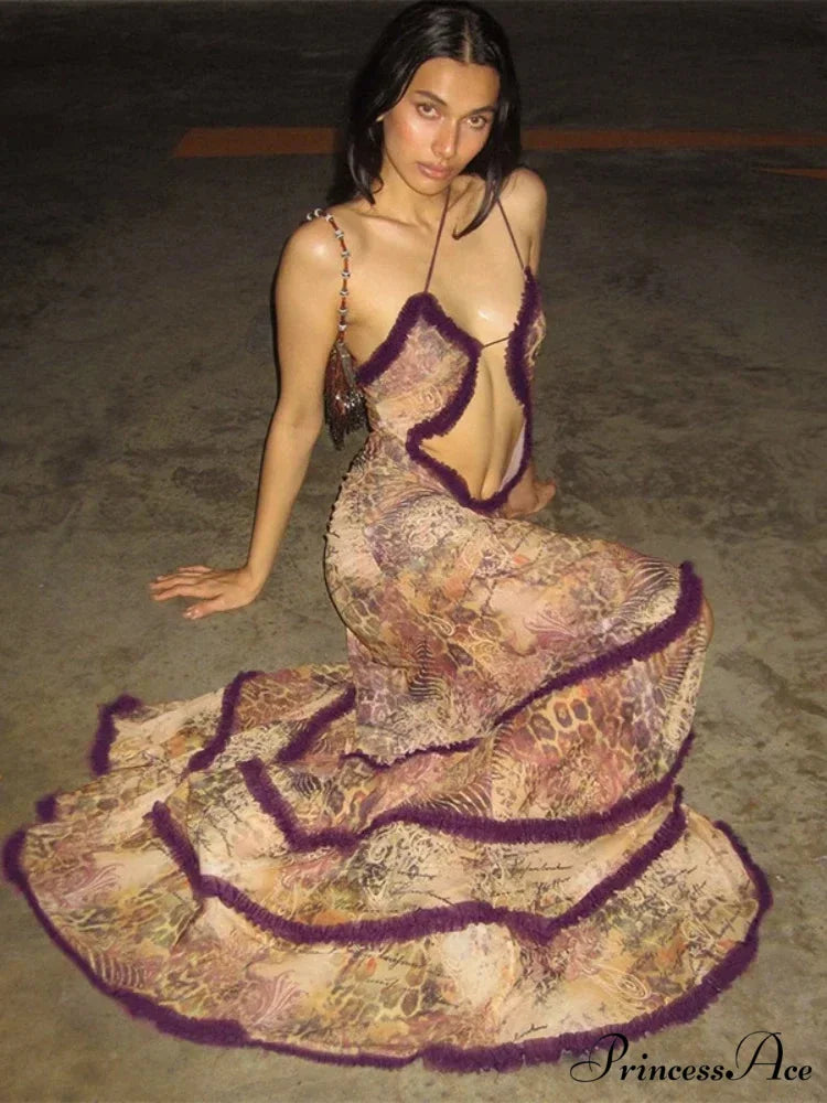 Halter Backless Split Maxi Dress BROWN / S