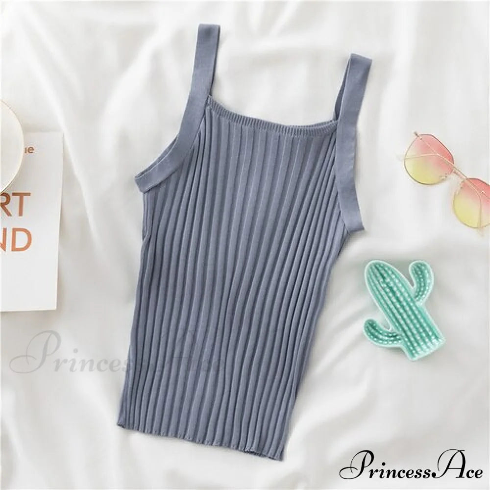 Halter Basic Sleeveless Knitted Crop Top Blue / One Size