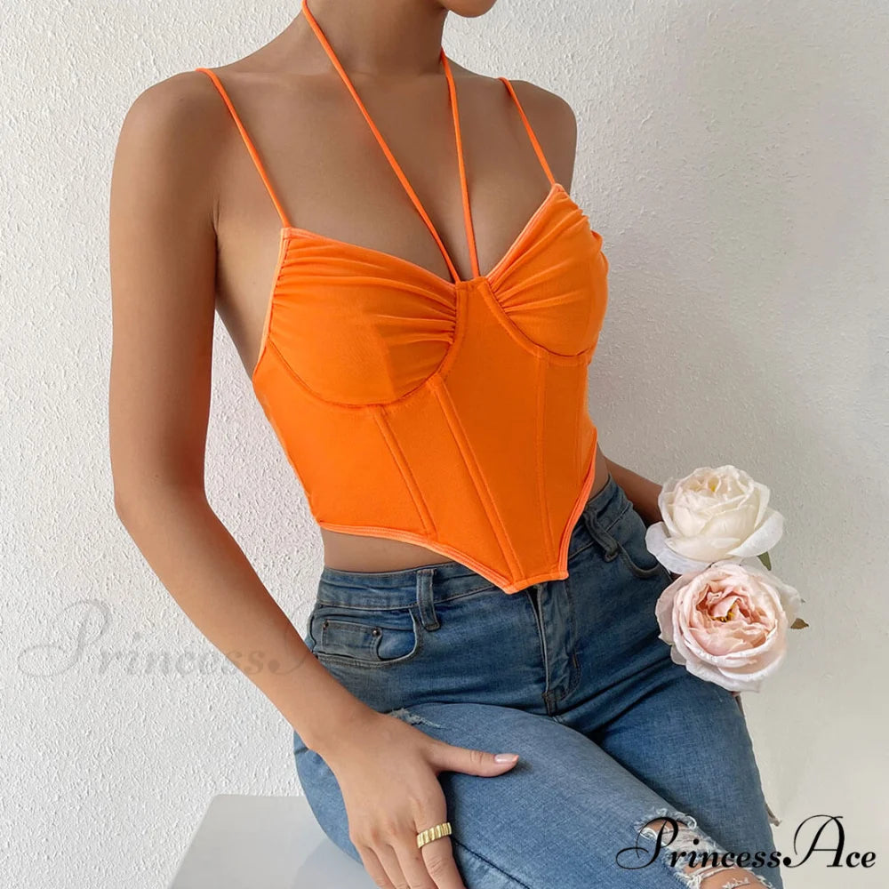 Halter Bustier Curved Sleeveless Mesh Classic Crop Corset Top - Black L / Burnt Orange