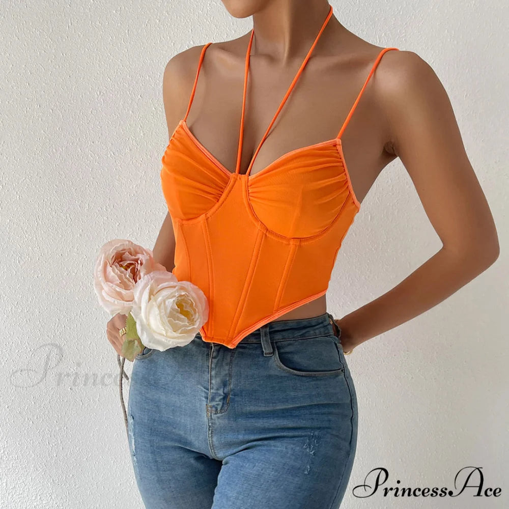 Halter Bustier Curved Sleeveless Mesh Classic Crop Corset Top - Black M / Burnt Orange