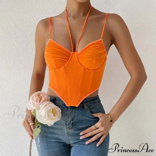 Halter Bustier Curved Sleeveless Mesh Classic Crop Corset Top - Black S / Burnt Orange