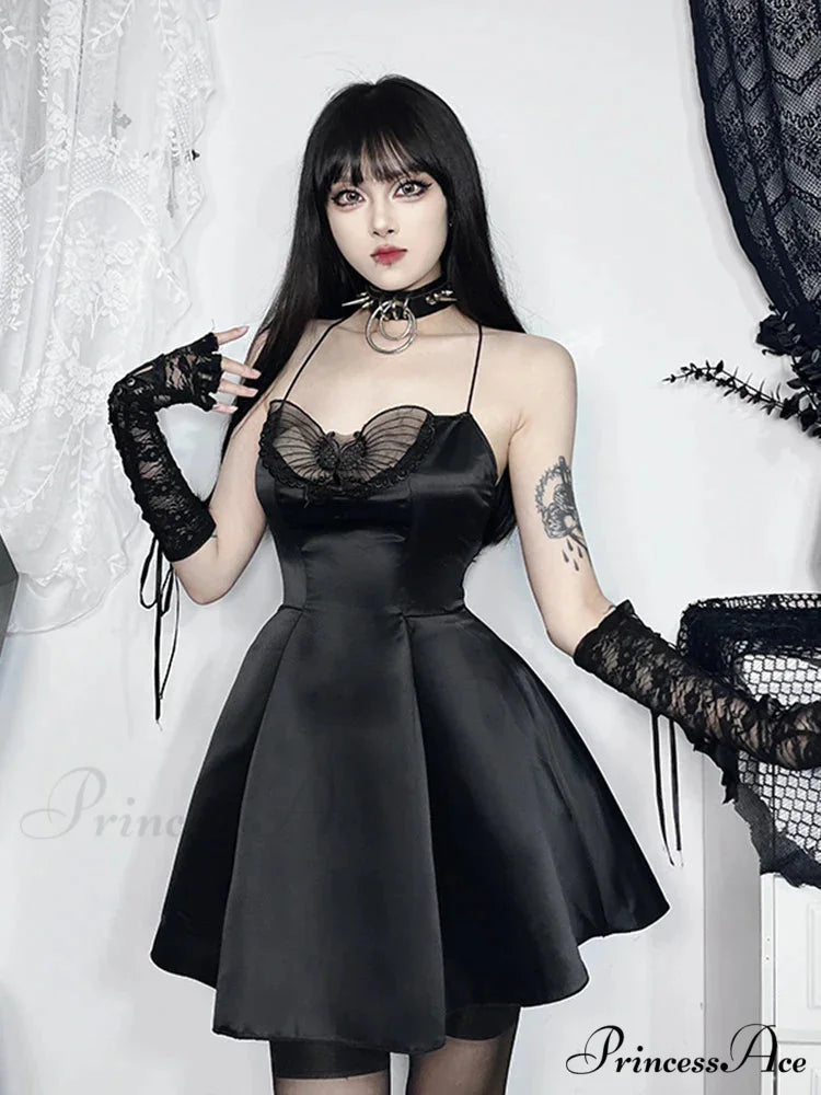 Halter Butterfly Cocktail Party Satin A-Line Mini Sexy Strapless Backless Cowl Neck Silky Dress Black / S