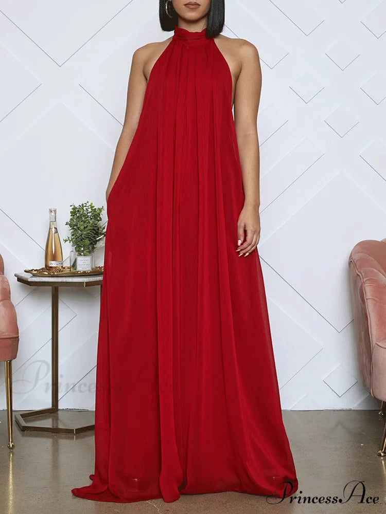 Halter Casual Graceful Maxi Dress Wine Red / S