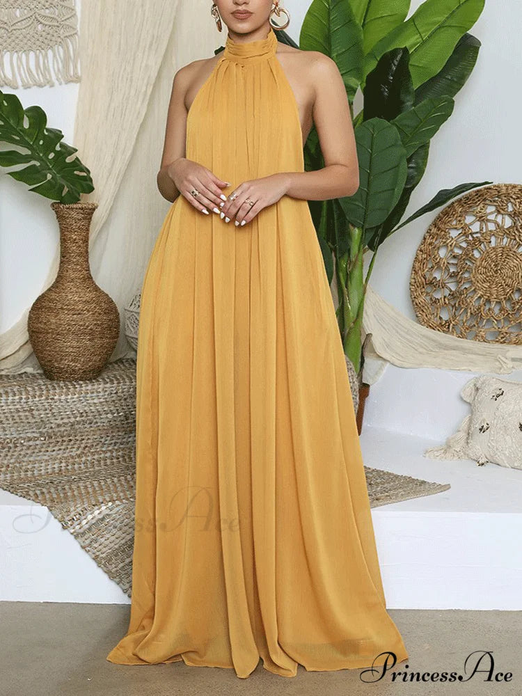 Halter Casual Graceful Maxi Dress Yellow / S