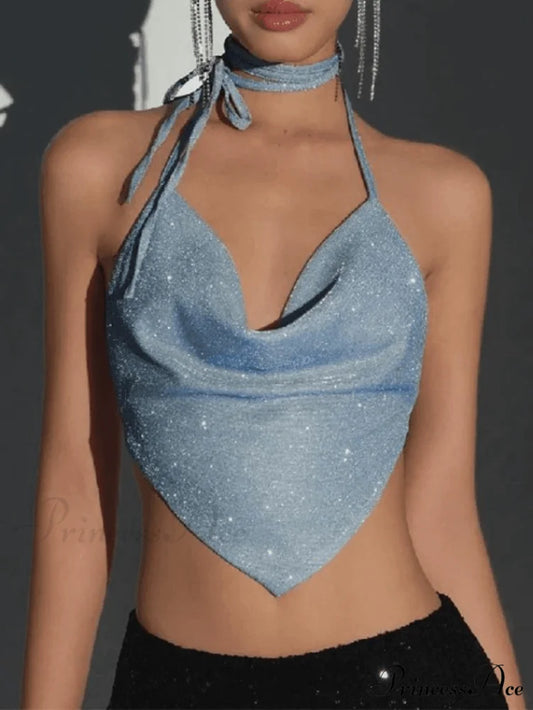 Halter Crochet Knit Trendy Crop Cami Top Blue / S