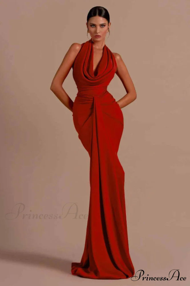 Halter Draped Stylish Mermaid Maxi Dress XS / Red