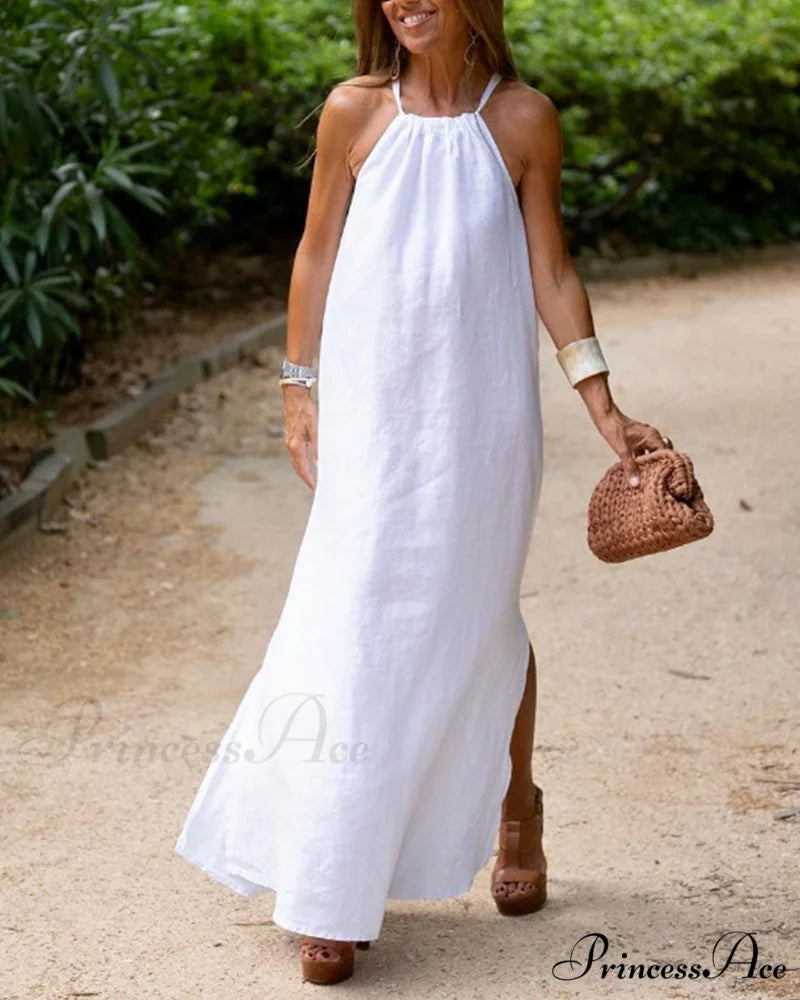 Halter Dress with Slit - Solid Color
