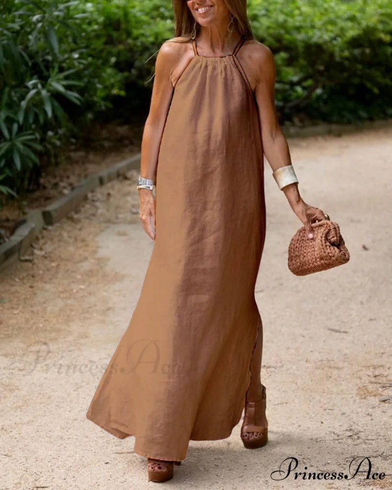 Halter Dress with Slit - Solid Color